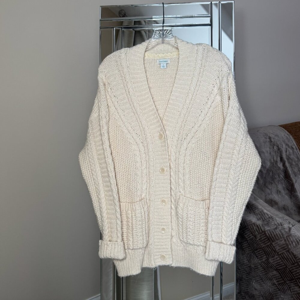 Sundance Cardigan Sweater Cable Knit pockets oversized size small wool cream - Picture 5 of 8